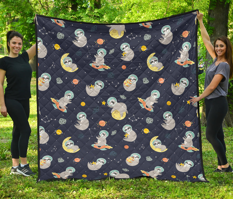 Cute Sloth Astronaut Star Planet Rocket Pattern Premium Quilt