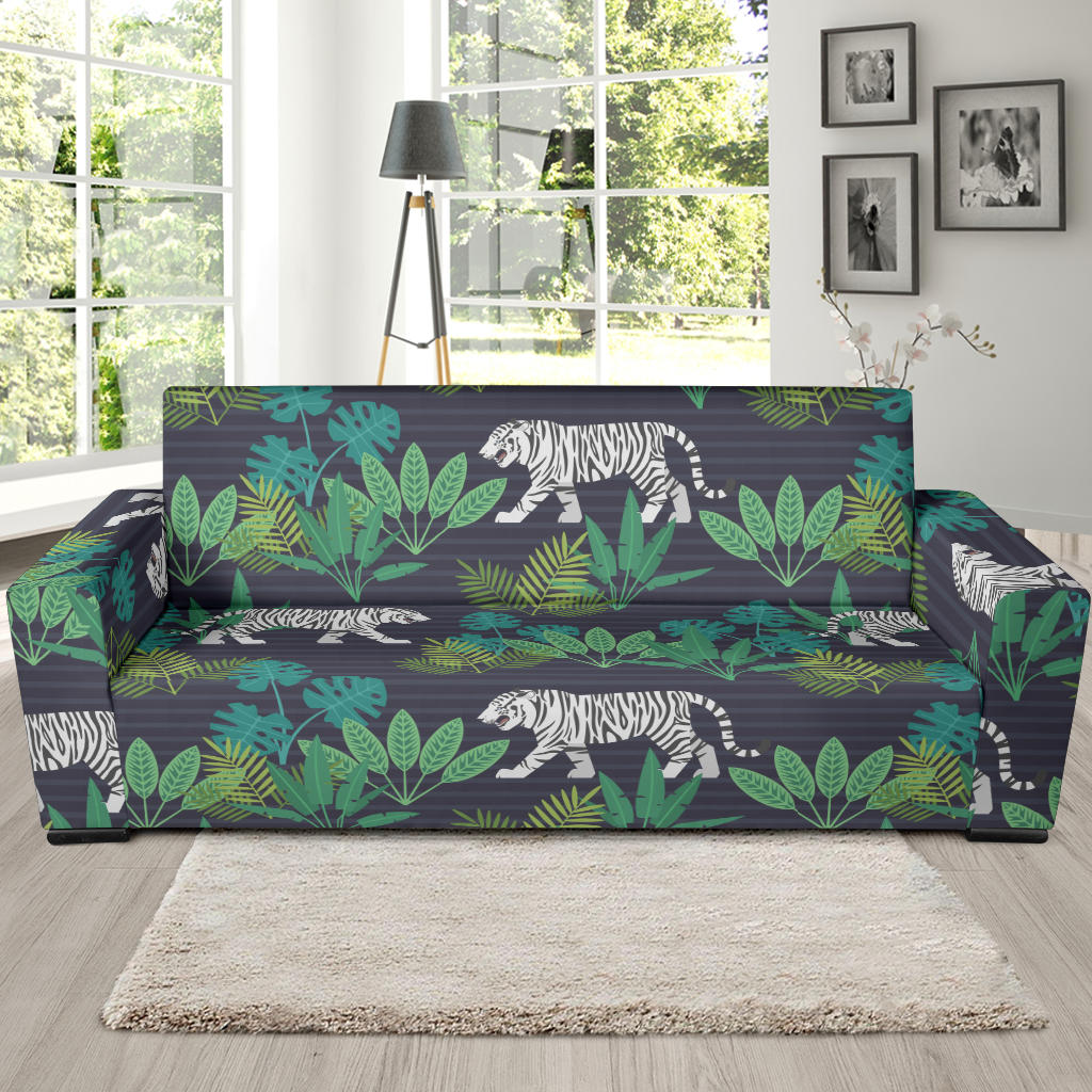 White Bengal Tigers Tropical Plant Sofa Slipcover