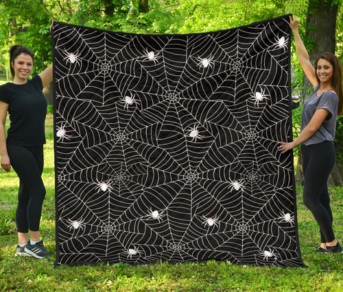Spider Web Design Pattern Black Background White Cobweb Premium Quilt