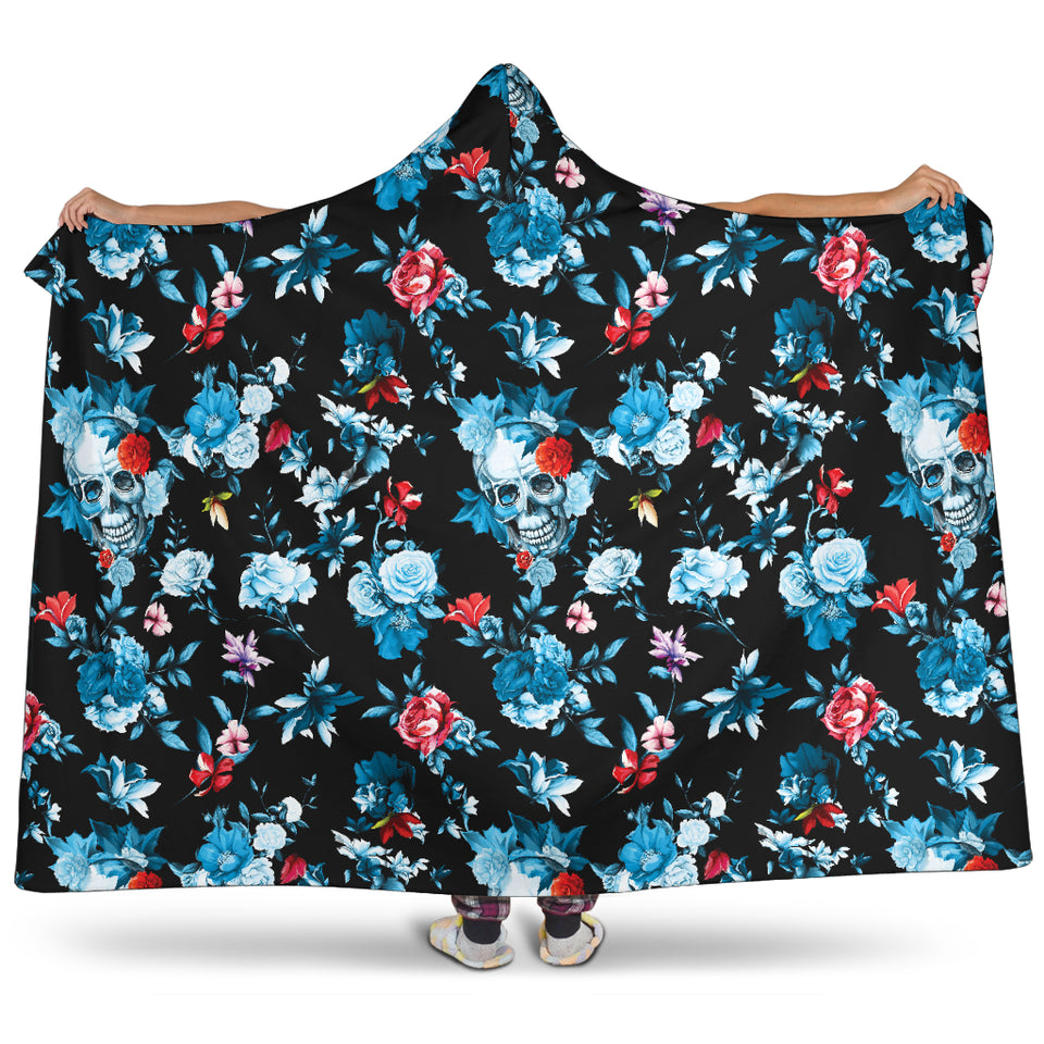 Skull Flower Roses Leave Pattern Hooded Blanket