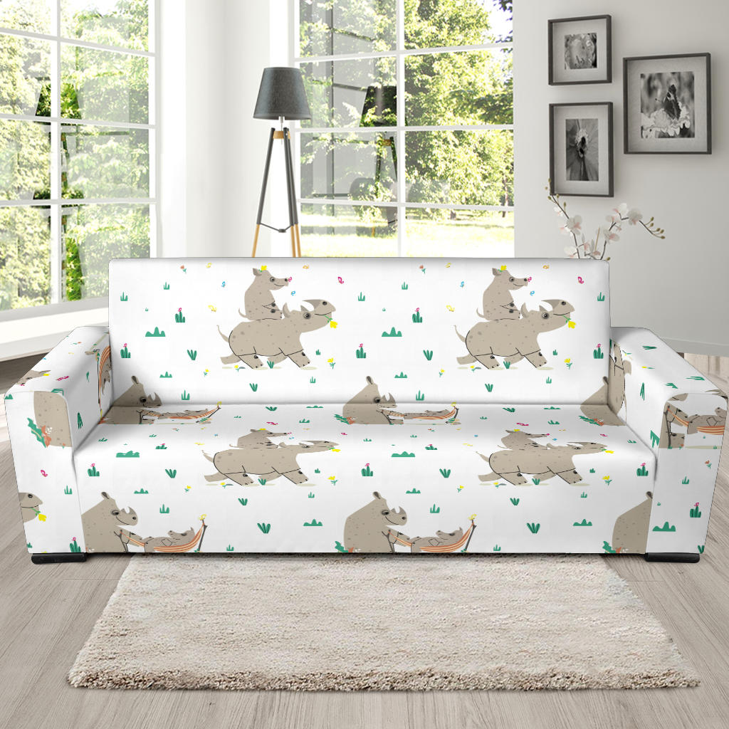 Cute Rhino Pattern Background Sofa Slipcover