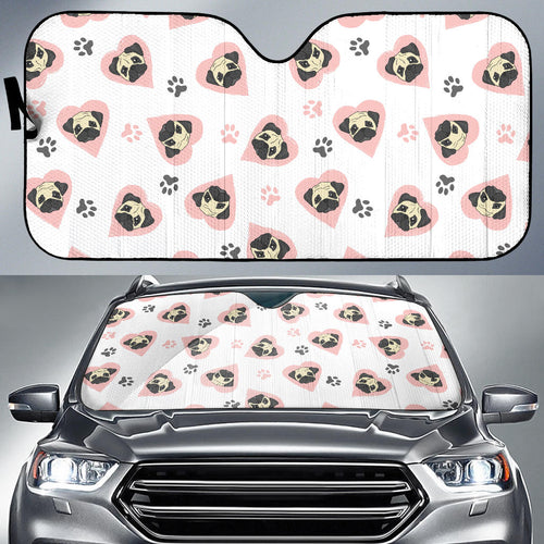 Cute Pugs Pink Heart Paw Pattern Car Sun Shade