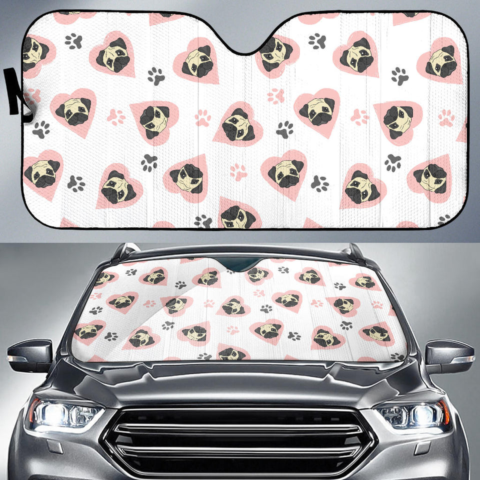 Cute Pugs Pink Heart Paw Pattern Car Sun Shade