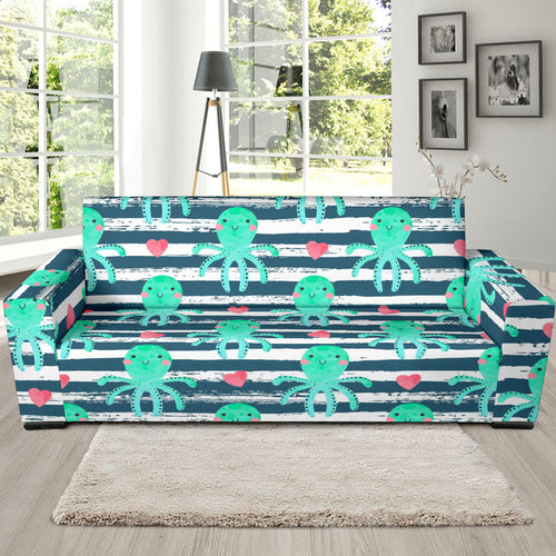 Cute Octopuses Heart Striped Background Sofa Slipcover