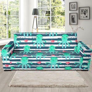 Cute Octopuses Heart Striped Background Sofa Slipcover