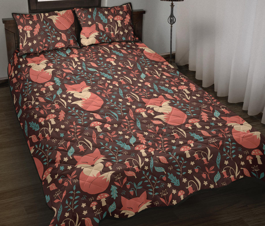 fox leaves mushroom pattern Quilt Bed Set