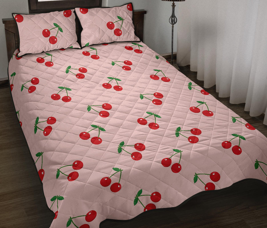 cherry pattern pink background Quilt Bed Set