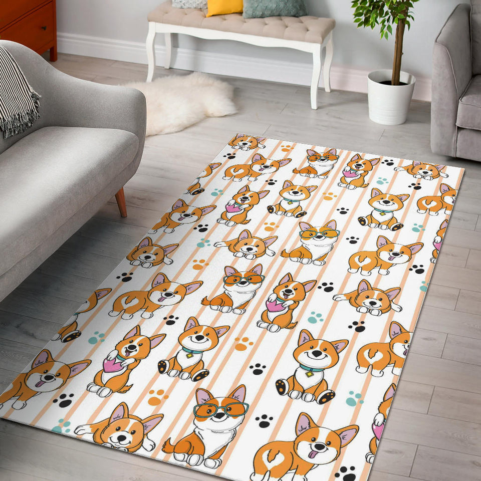 Cute Dog Corgi Striped Background Pattern Area Rug
