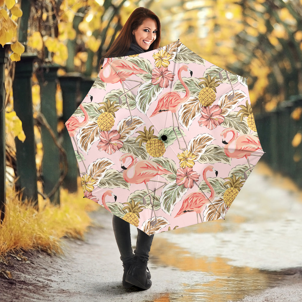Pink Flamingo Birds Pineapples Hibiscus Flower Pattern Umbrella