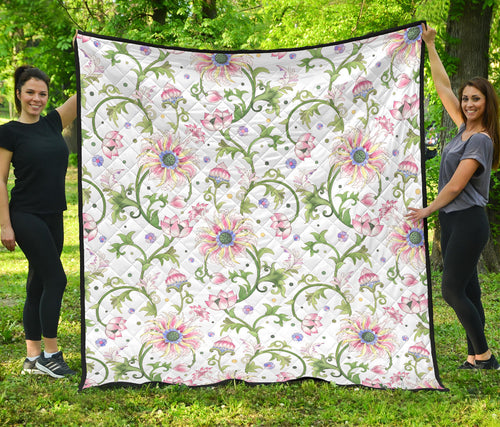 Beautiful Pink Lotus Waterlily Leaves Pattern Premium Quilt