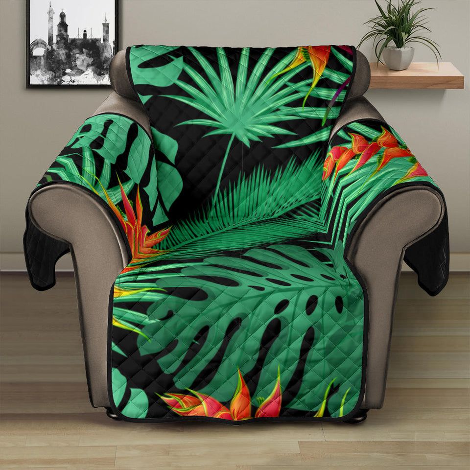 heliconia flower palm monstera leaves black background Recliner Cover Protector