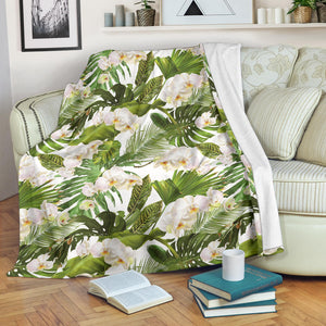 White Orchid Flower Tropical Leaves Pattern Premium Blanket