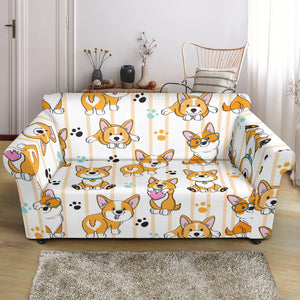 Cute Dog Corgi Striped Background Pattern Loveseat Couch Slipcover