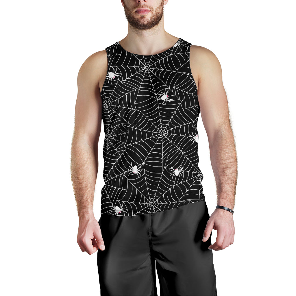 Spider web design pattern Black background white cobweb Men Tank Top