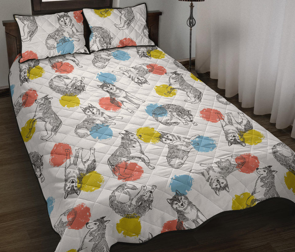 Siberian husky and colorful circle pattern Quilt Bed Set