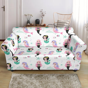 Cute Mermaid Dolphin Fish Starfish Pattern Loveseat Couch Slipcover