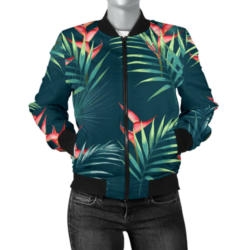 Heliconia Flowers, Palm And Monstera Leaves On Black Background Pattern Women'S Bomber Jacket