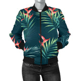 Heliconia Flowers, Palm And Monstera Leaves On Black Background Pattern Women'S Bomber Jacket