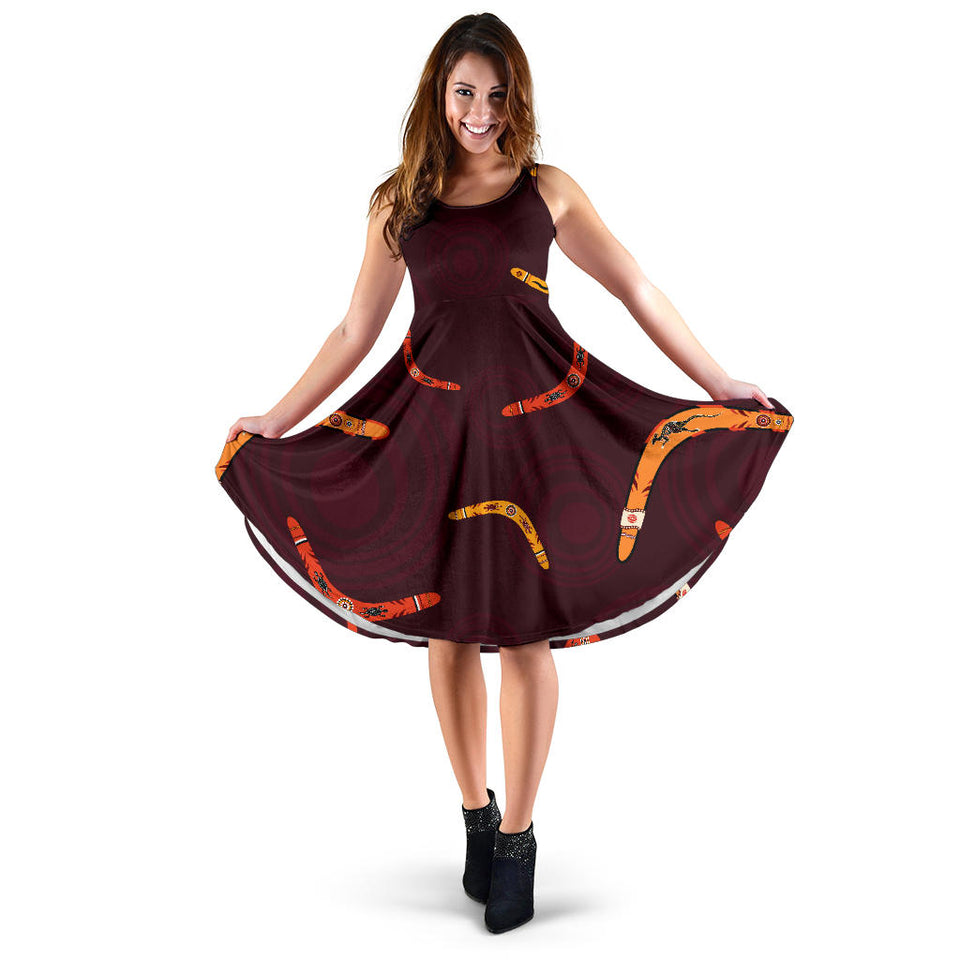 Boomerang Australian Aboriginal Ornament Circle Black Background Sleeveless Midi Dress