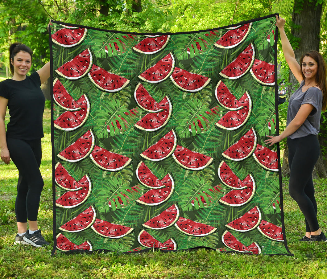 Watermelons Tropical Palm Leaves Pattern Background Premium Quilt