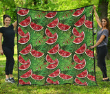 Watermelons Tropical Palm Leaves Pattern Background Premium Quilt