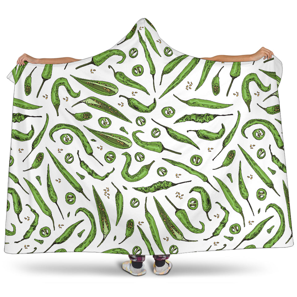 Hand Drawn Sketch Style Green Chili Peppers Pattern Hooded Blanket