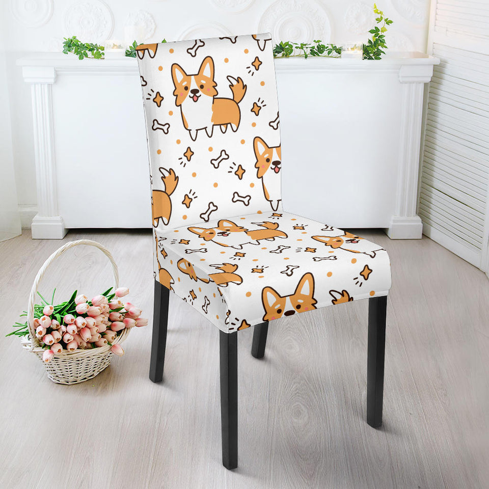 Cute Corgi Heart Star Bone Pattern Dining Chair Slipcover