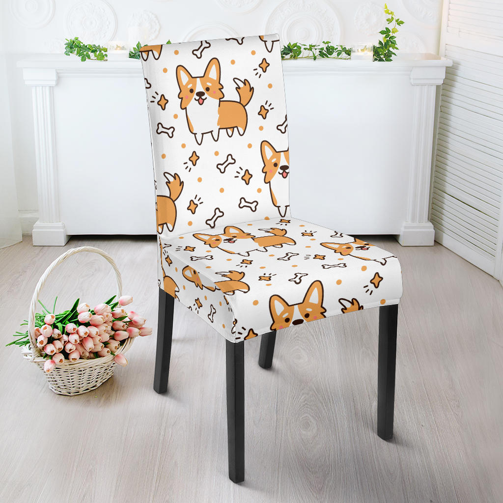 Cute Corgi Heart Star Bone Pattern Dining Chair Slipcover