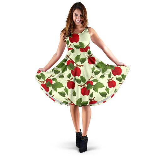 Red Apples Leaves Pattern Sleeveless Midi Dress