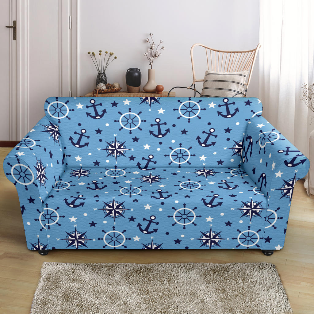 Anchors Rudder Compass Star Nautical Pattern Loveseat Couch Slipcover