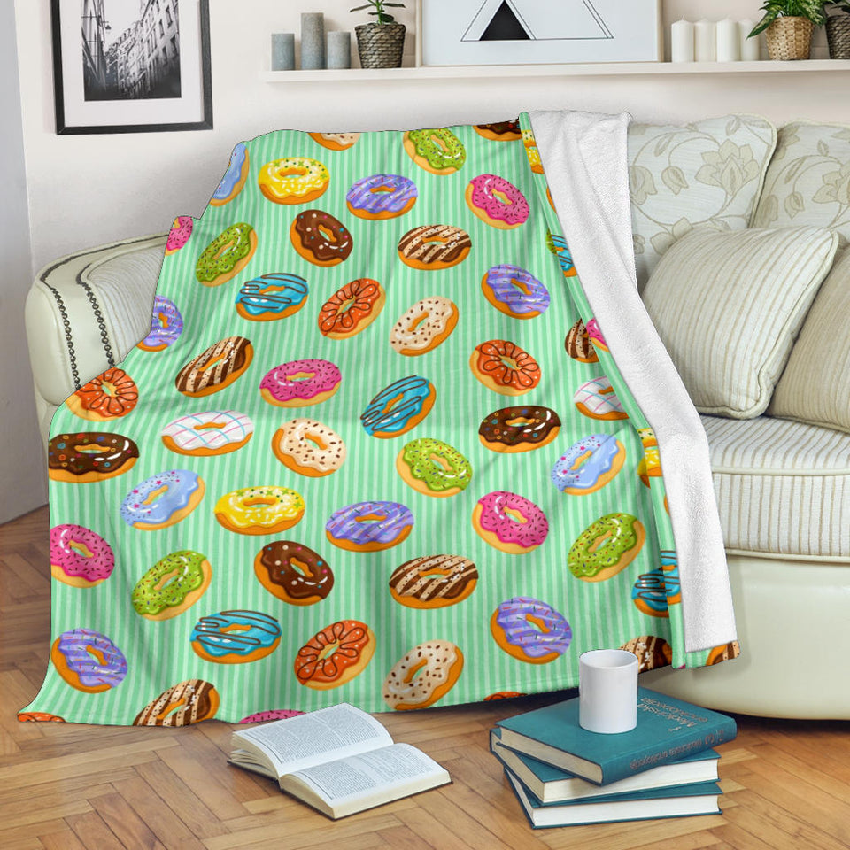 Colorful Donut Pattern Green Background Premium Blanket
