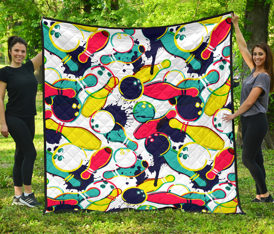 Watercolor Bowling Ball Pins Premium Quilt