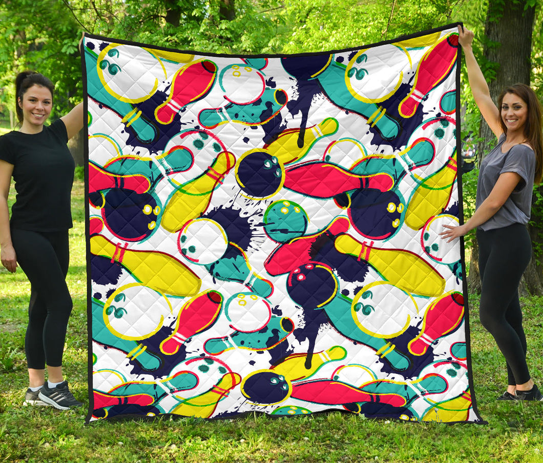 Watercolor Bowling Ball Pins Premium Quilt