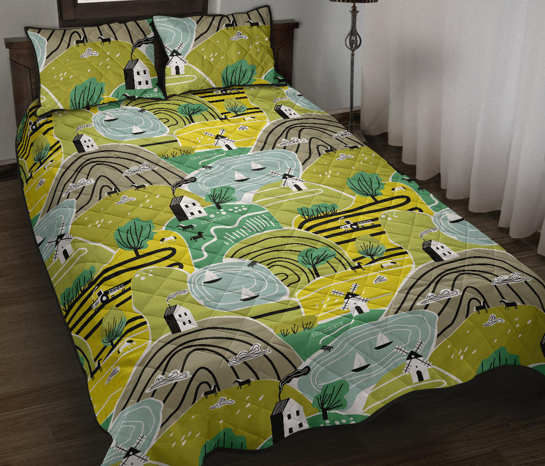 Hand drawn windmill pattern Quilt Bed Set