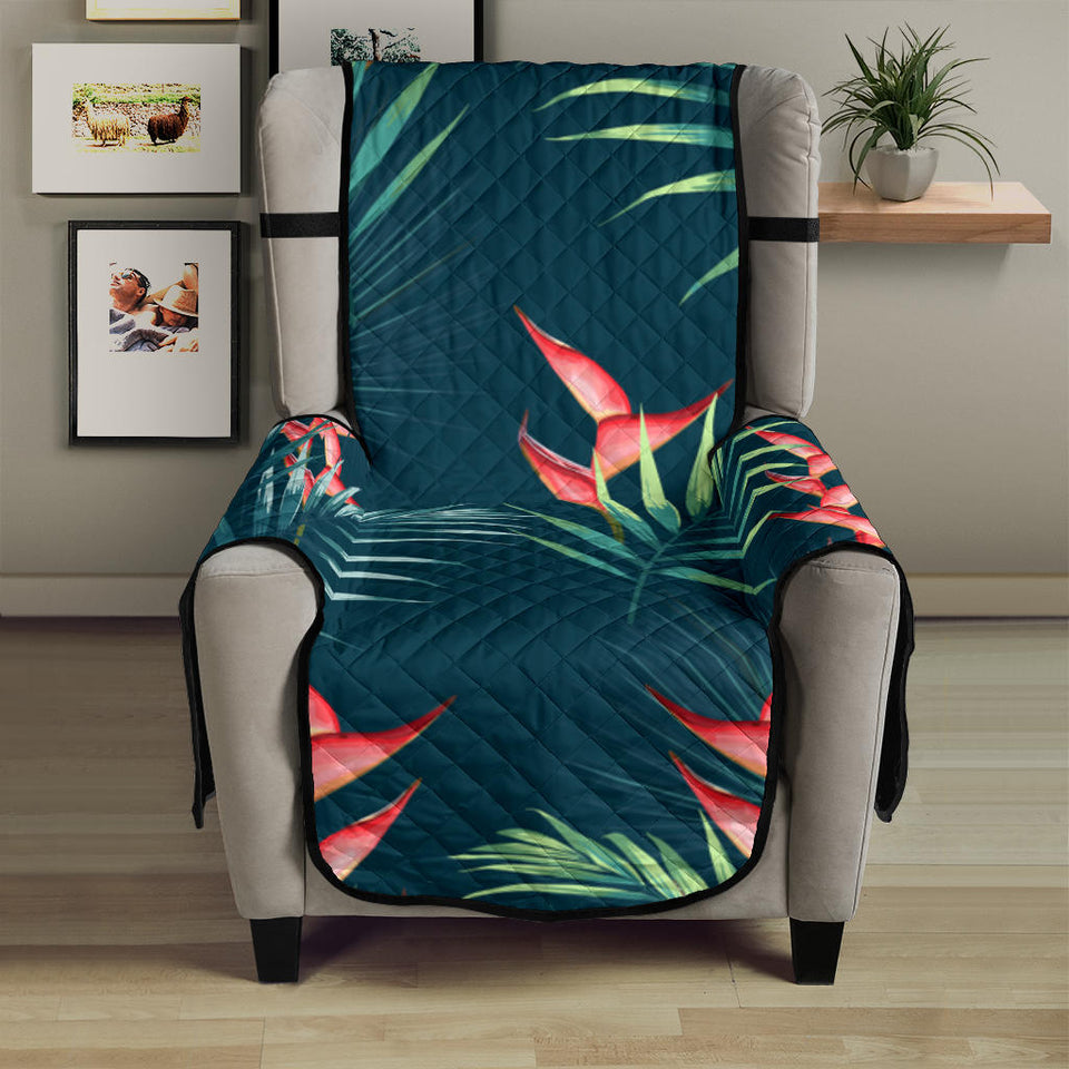heliconia flowers, palm and monstera leaves on black background pattern Chair Cover Protector