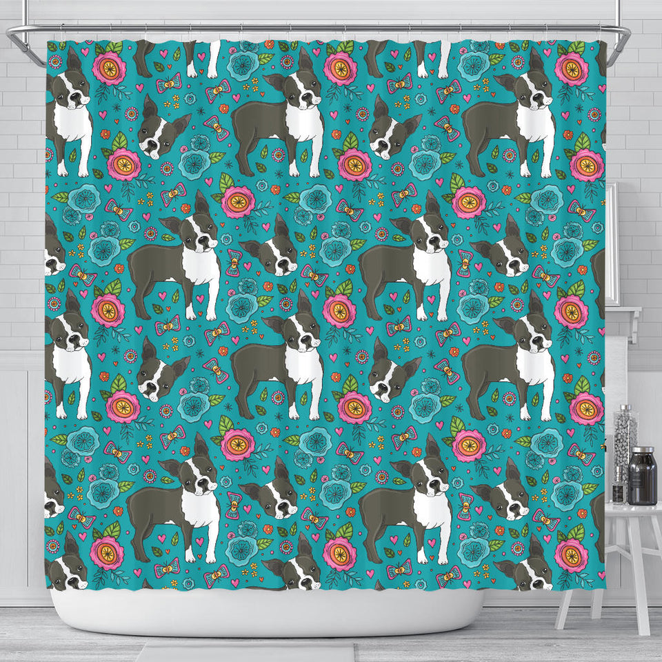 Boston Terrier Beautiful Flower Pattern Shower Curtain Fulfilled In US