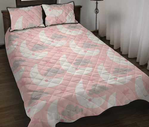Cute moon cloud star pattern pink dot background Quilt Bed Set