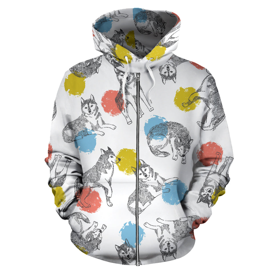 Siberian Husky And Colorful Circle Pattern Zip Up Hoodie