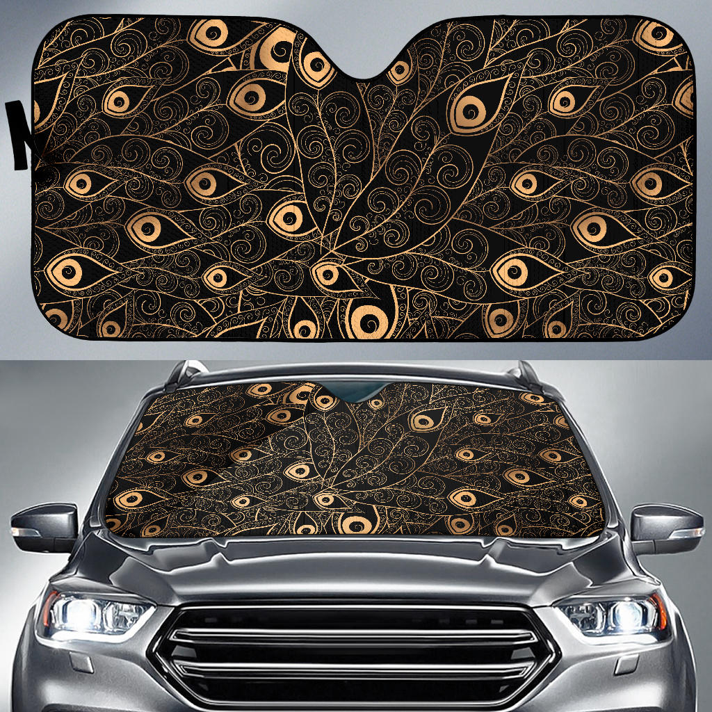 Gold Peacock Feather Pattern Car Sun Shade