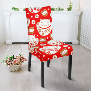 Cute Maneki Neko Lucky Cat Red Background Dining Chair Slipcover