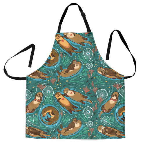Cute Brown Sea Otters Ornamental Seaweed Corals Green Water Adjustable Apron
