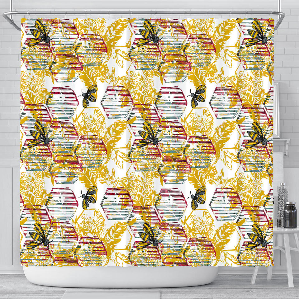 Cool Bee Honeycomb Leaves Pattern Shower Curtain Fulfilled In US