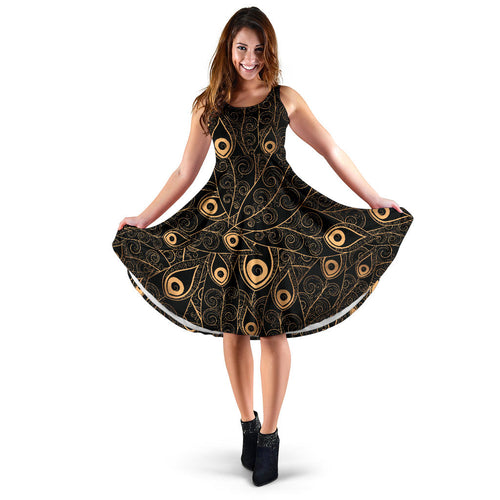 Gold Peacock Feather Pattern Sleeveless Midi Dress