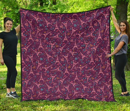 Eiffel Tower Heart Pattern Print Design 04 Premium Quilt