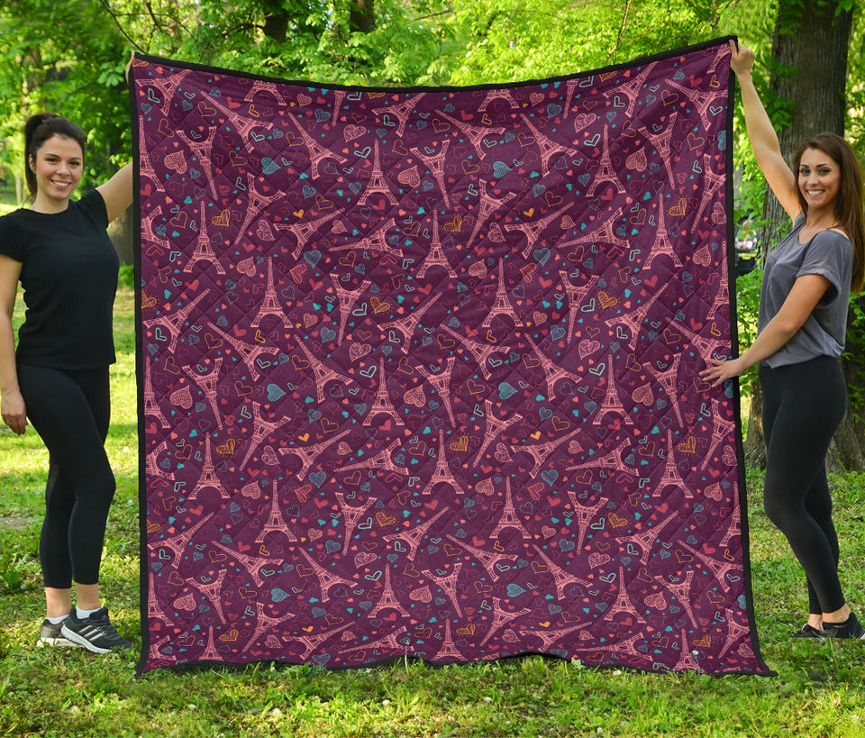 Eiffel Tower Heart Pattern Print Design 04 Premium Quilt