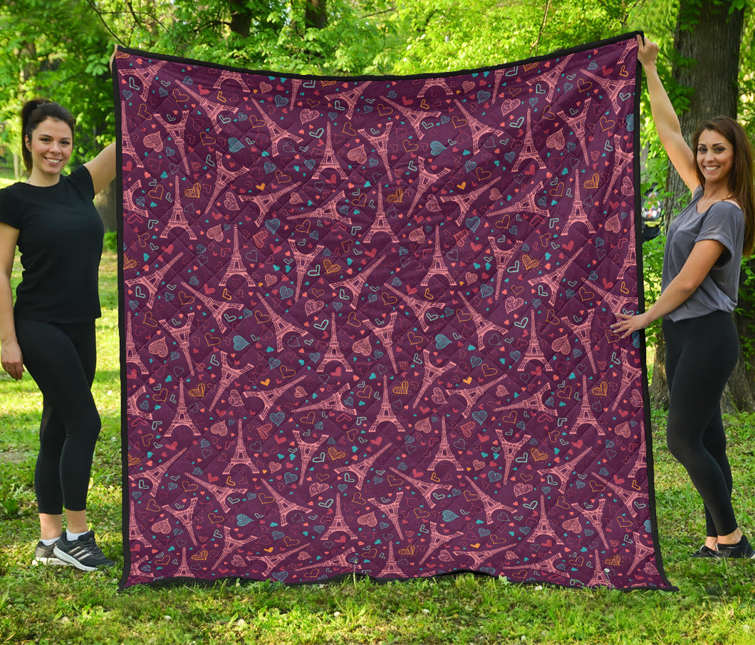 Eiffel Tower Heart Pattern Print Design 04 Premium Quilt