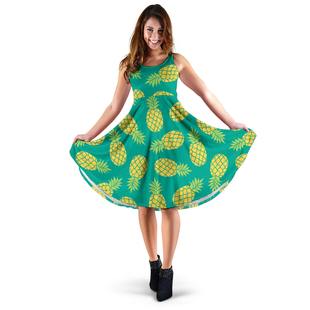Pineapples Pattern Green Background Sleeveless Midi Dress