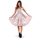 Clock Pattern Pink Blackground Sleeveless Midi Dress