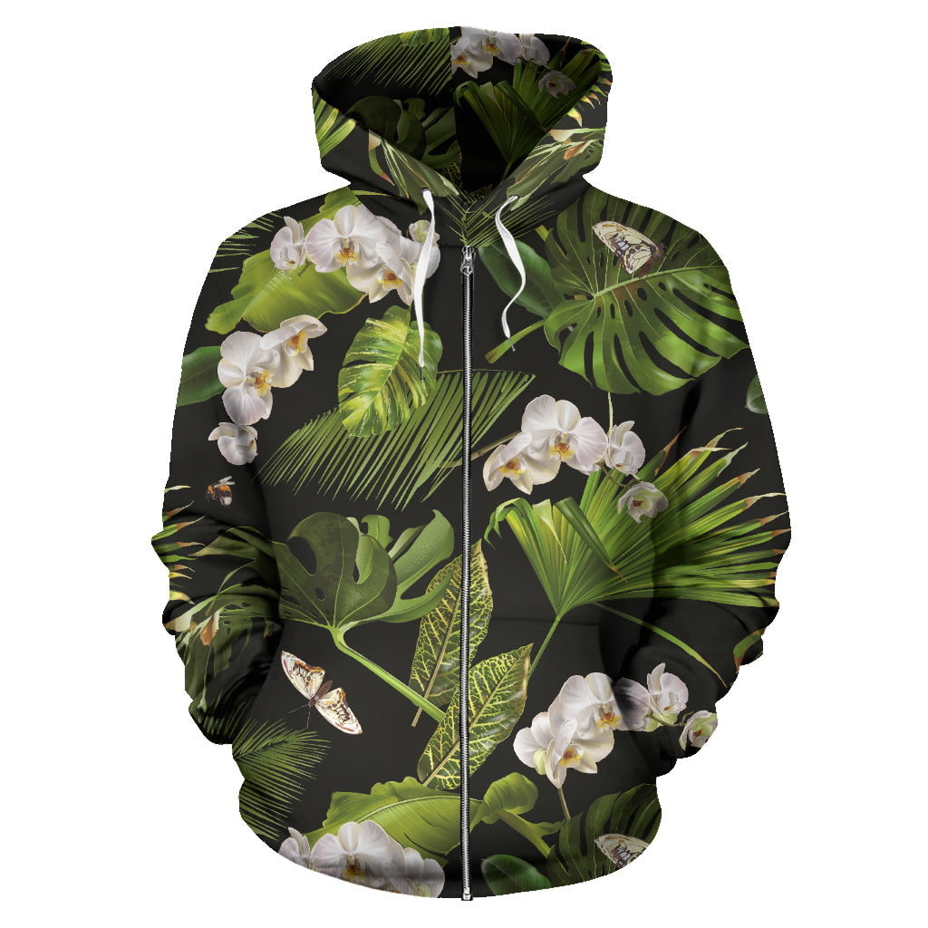 White Orchid Flower Tropical Leaves Pattern Blackground Zip Up Hoodie