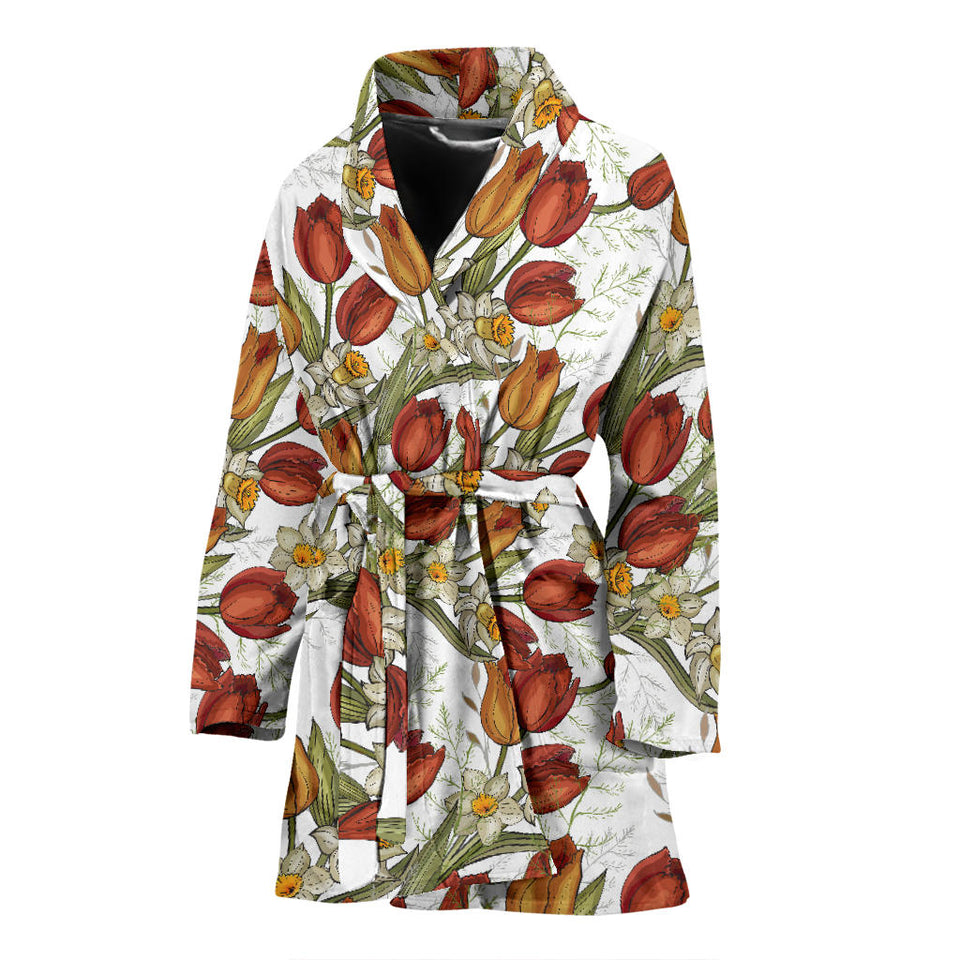 Red Tulips And Daffodils Pattern Women'S Bathrobe
